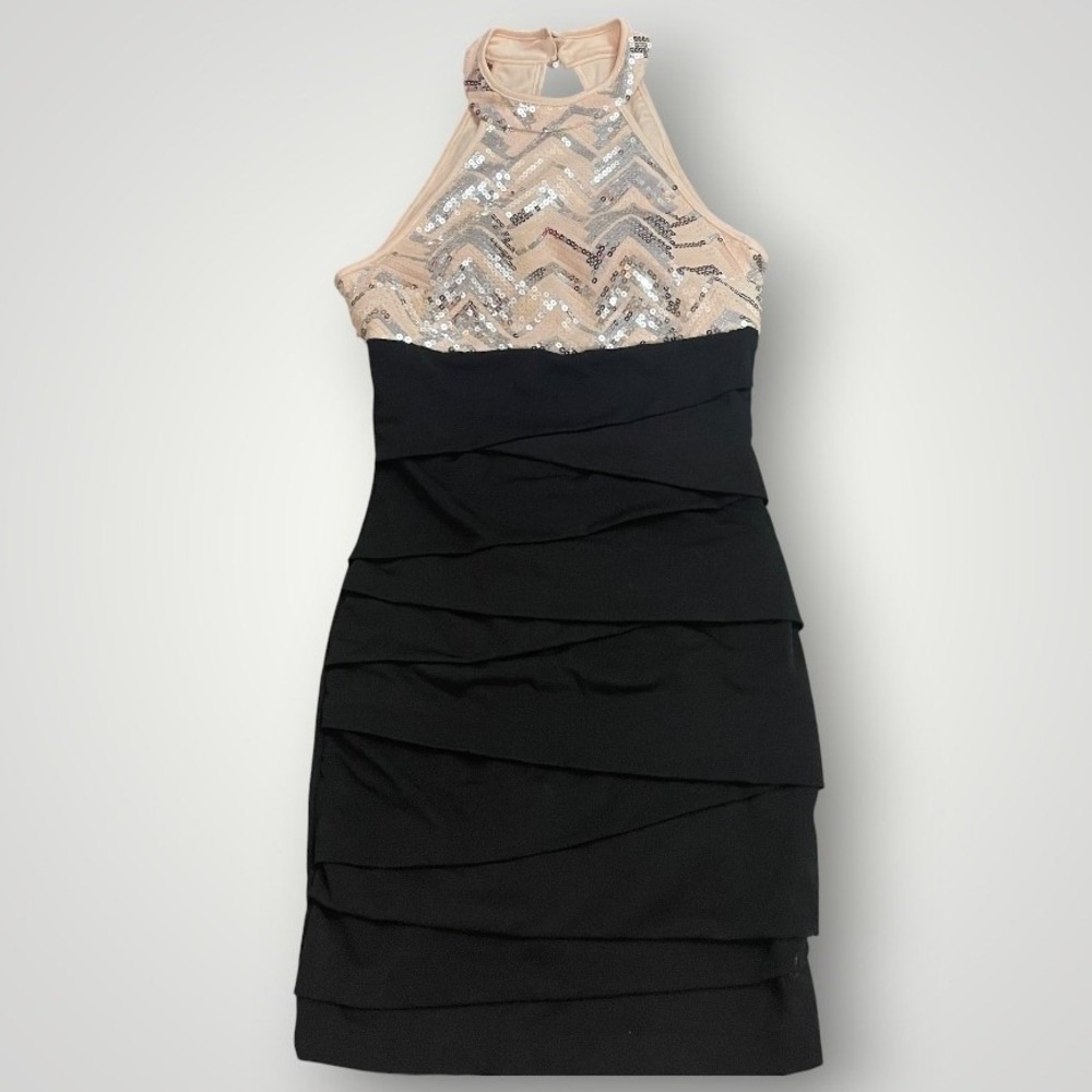 Deb Vintage Y2K Cocktail Dress Women Small Black Pink Sequin Halter Bodycon Glam